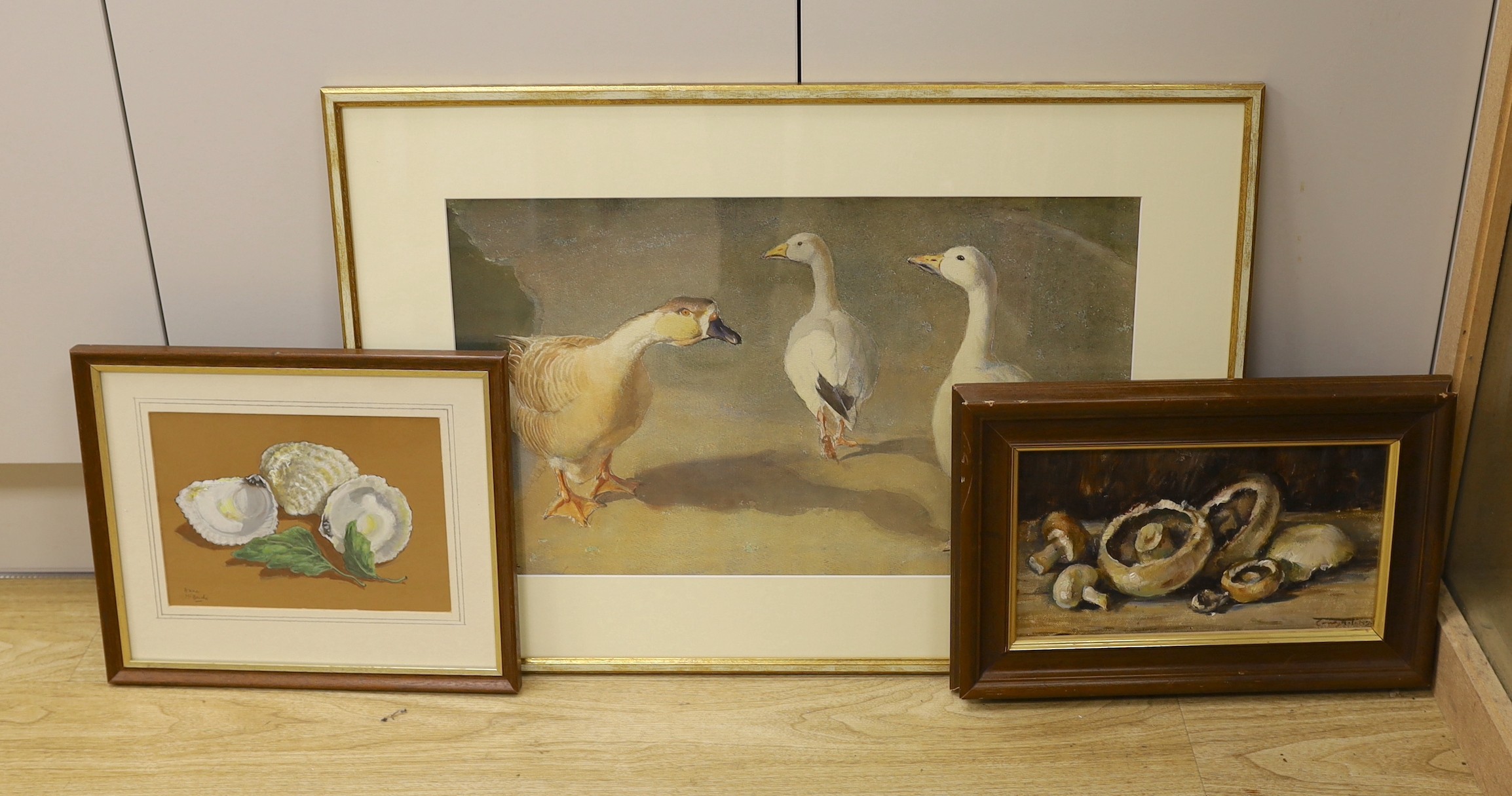 Arthur W. Gay (1901-1958), watercolour, Geese and ducks, signed, 31 x 52cm, with two small still lifes by other hands of mushrooms and oyster shells